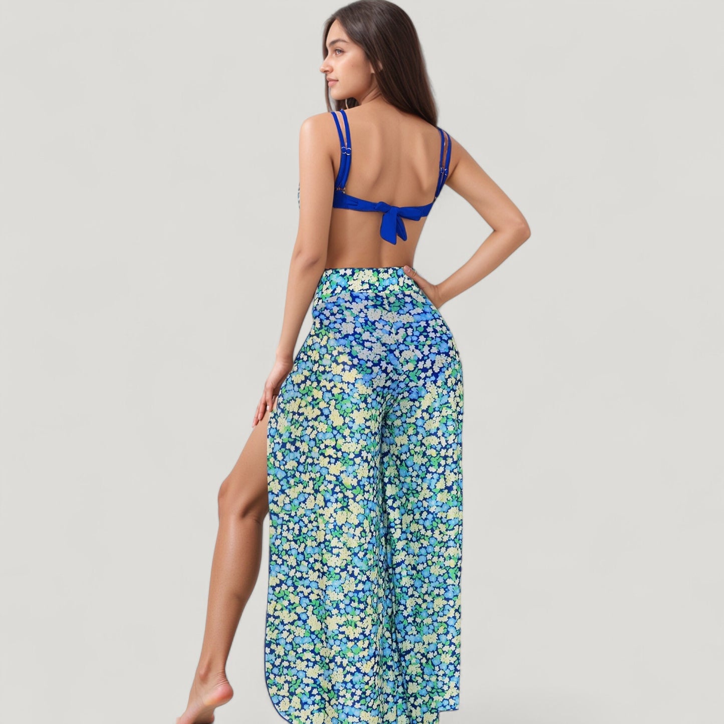 Three-Piece Swimsuit Set with Bikini Top High Waist Bottom and Sheer Abstract Print Wide Leg Pants