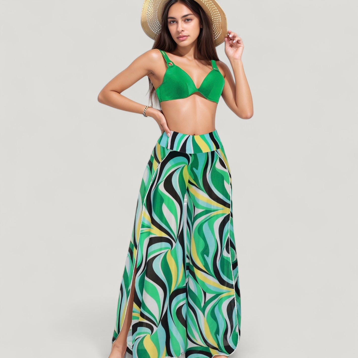 Three-Piece Swimsuit Set with Bikini Top High Waist Bottom and Sheer Abstract Print Wide Leg Pants