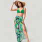 Three-Piece Swimsuit Set with Bikini Top High Waist Bottom and Sheer Abstract Print Wide Leg Pants