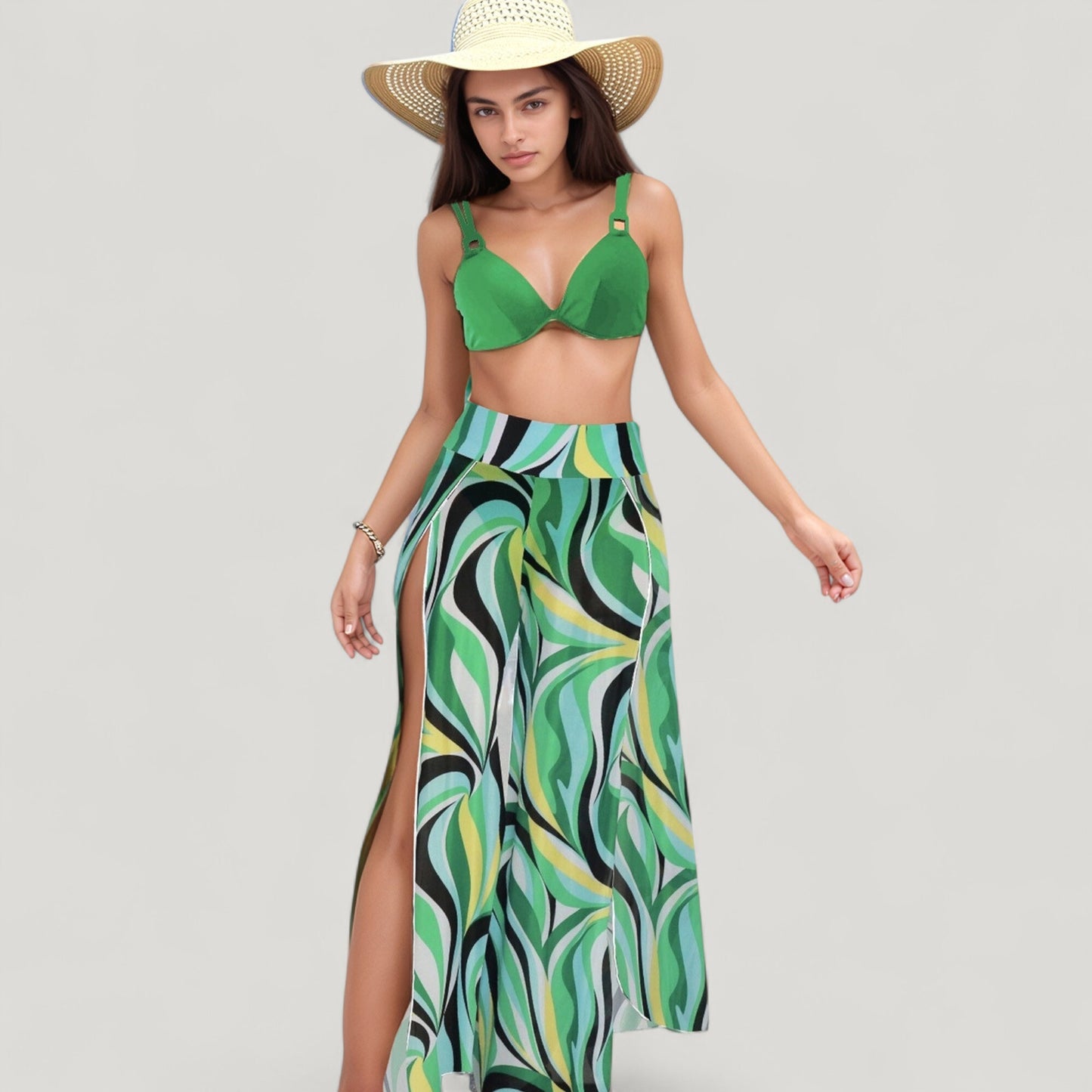 Three-Piece Swimsuit Set with Bikini Top High Waist Bottom and Sheer Abstract Print Wide Leg Pants