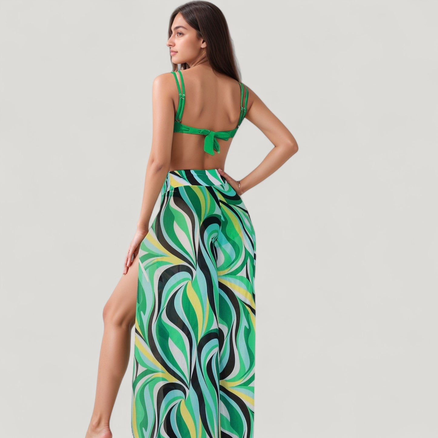 Three-Piece Swimsuit Set with Bikini Top High Waist Bottom and Sheer Abstract Print Wide Leg Pants
