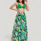 Three-Piece Swimsuit Set with Bikini Top High Waist Bottom and Sheer Abstract Print Wide Leg Pants
