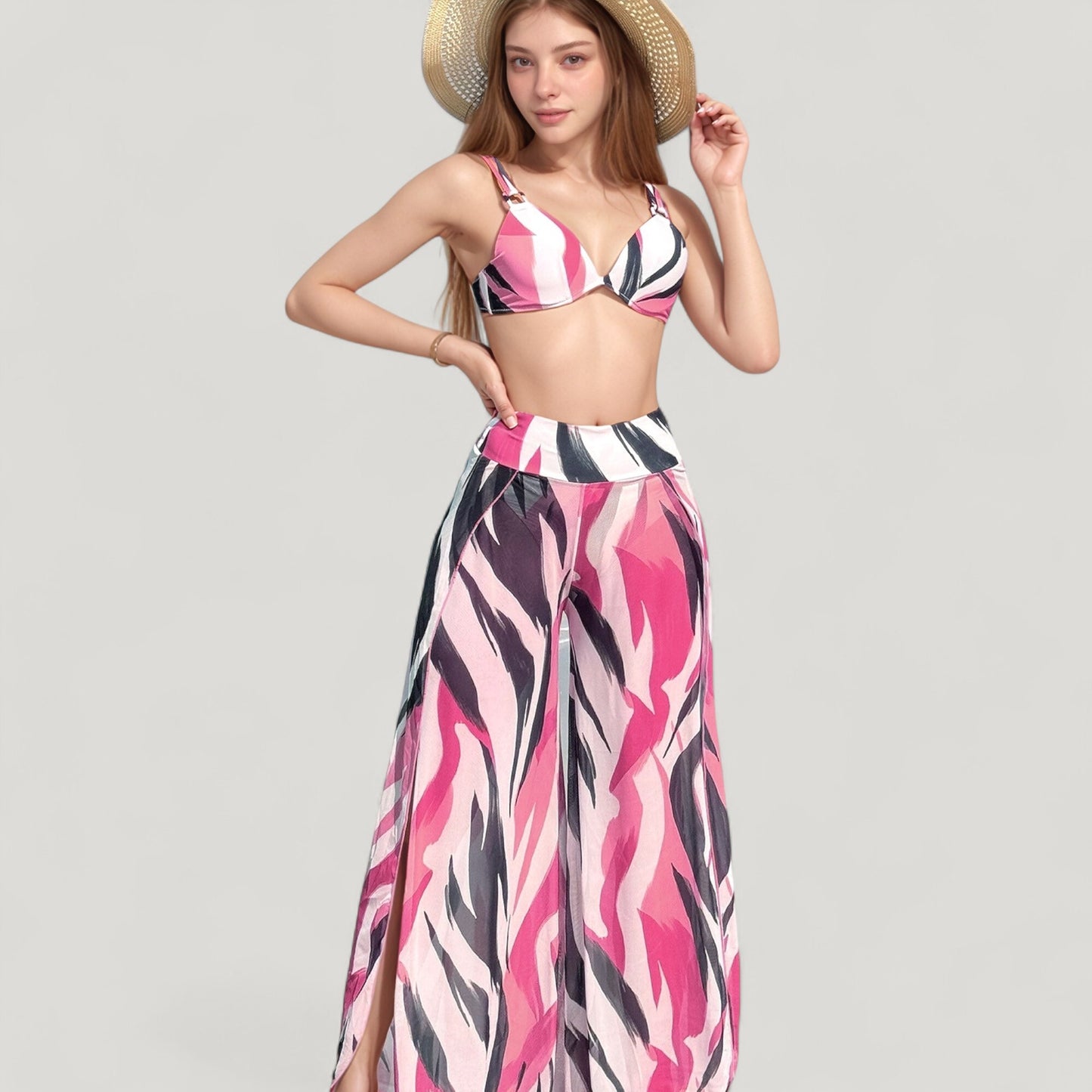 Three-Piece Swimsuit Set with Bikini Top High Waist Bottom and Sheer Abstract Print Wide Leg Pants