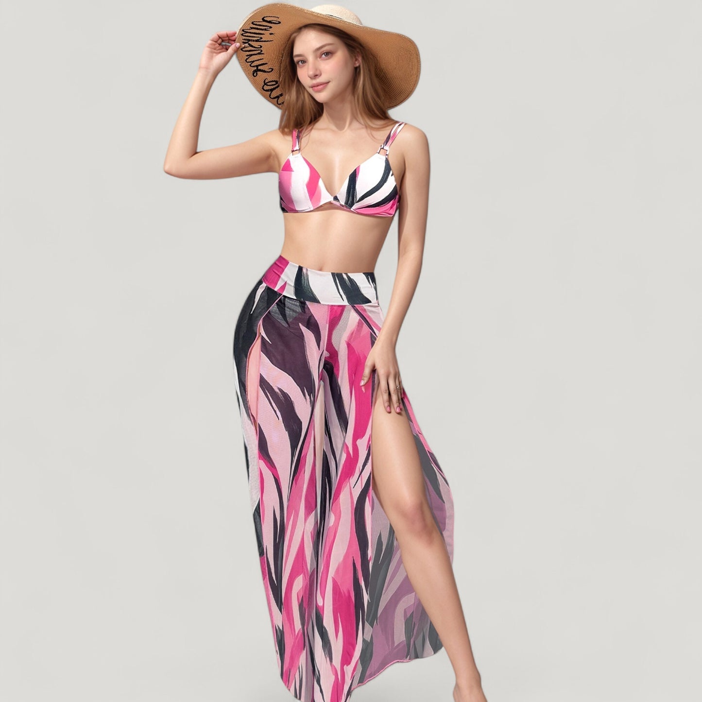 Three-Piece Swimsuit Set with Bikini Top High Waist Bottom and Sheer Abstract Print Wide Leg Pants