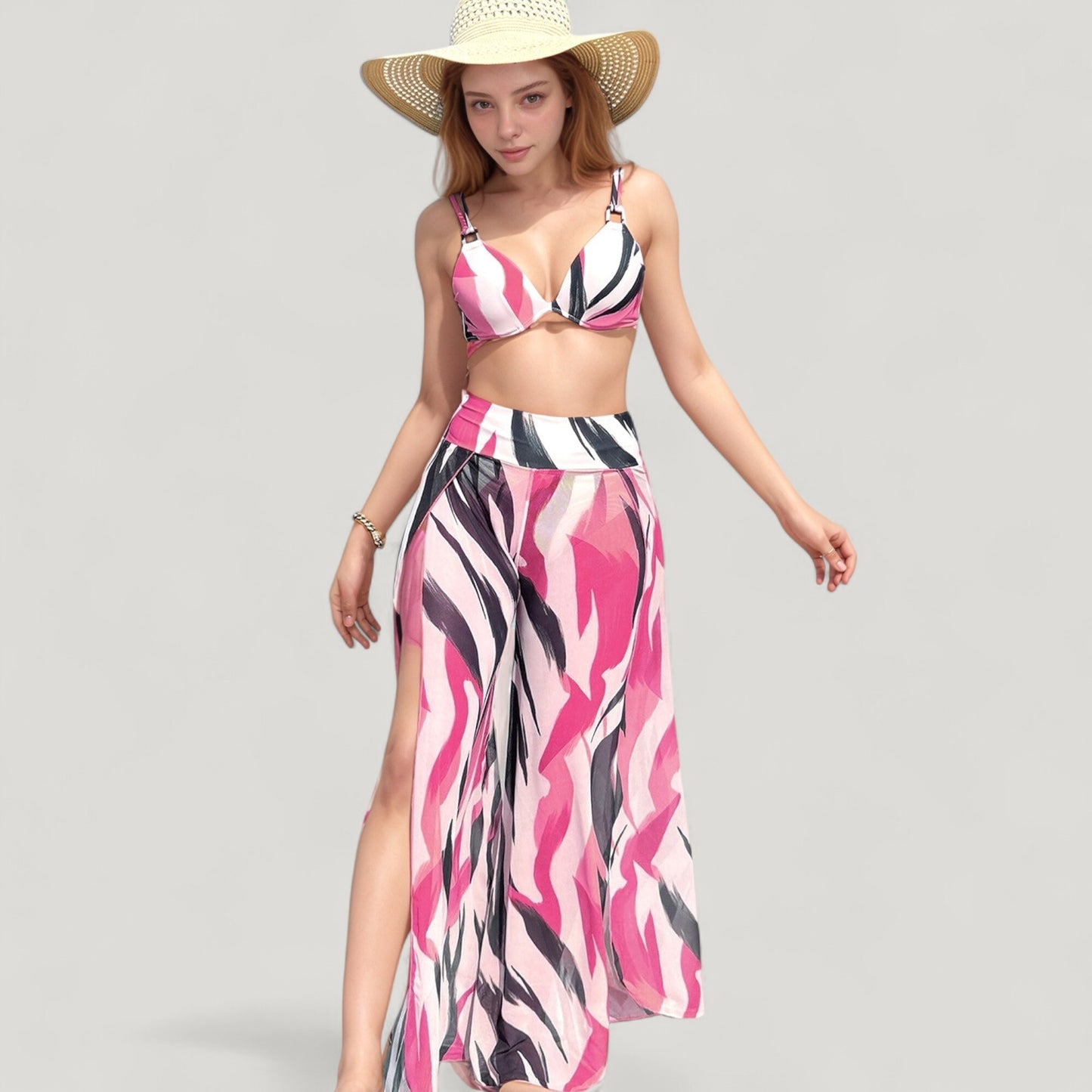 Three-Piece Swimsuit Set with Bikini Top High Waist Bottom and Sheer Abstract Print Wide Leg Pants