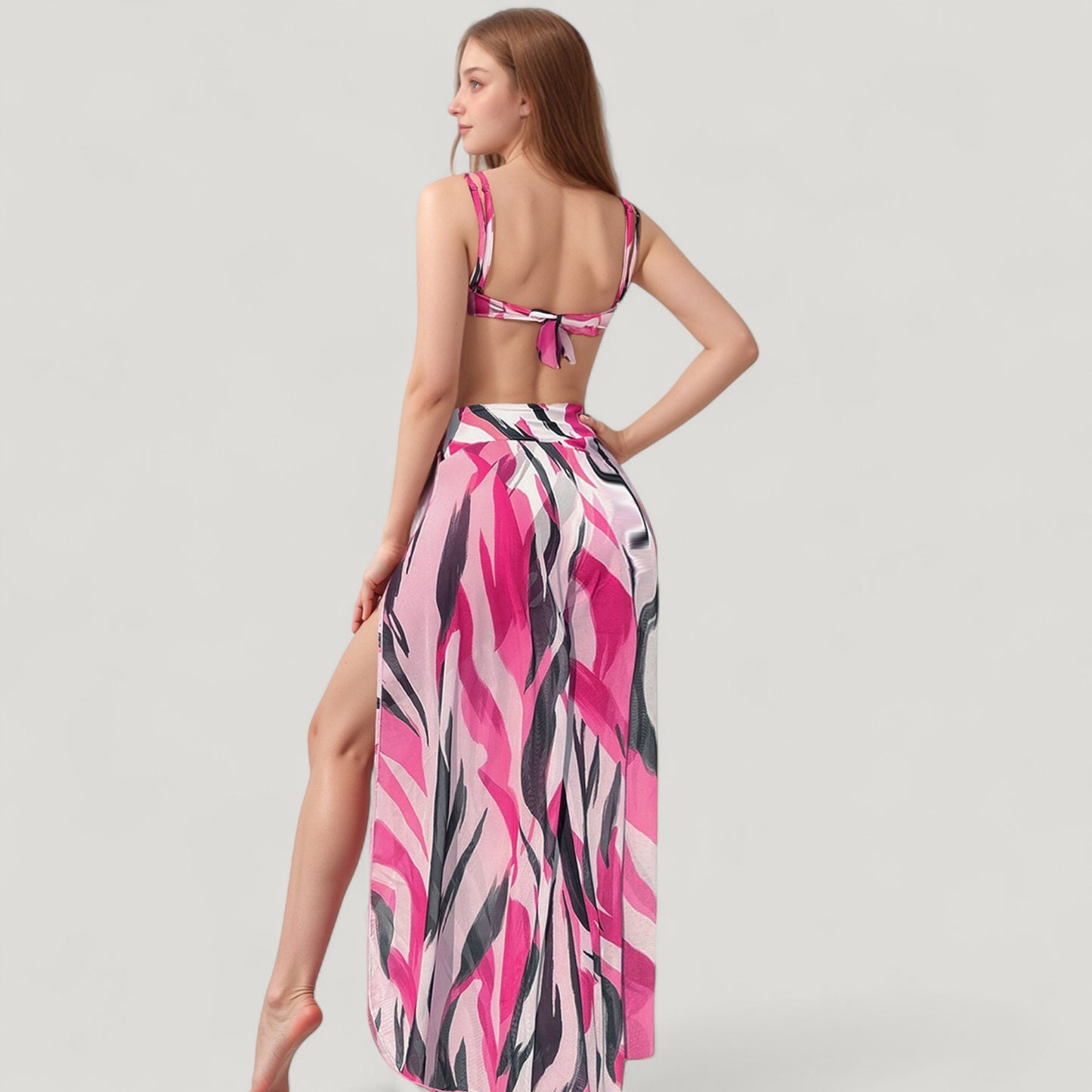 Three-Piece Swimsuit Set with Bikini Top High Waist Bottom and Sheer Abstract Print Wide Leg Pants