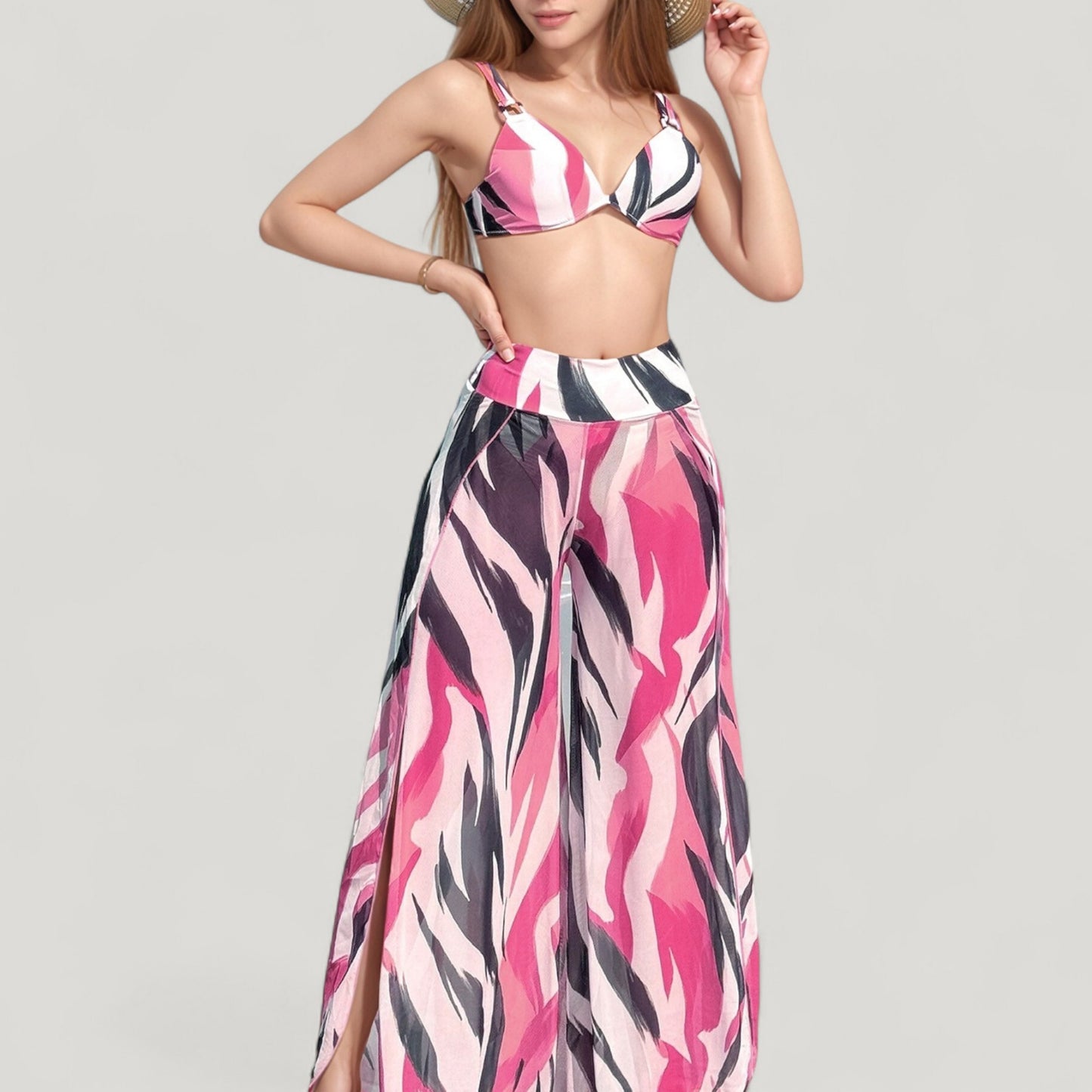 Three-Piece Swimsuit Set with Bikini Top High Waist Bottom and Sheer Abstract Print Wide Leg Pants