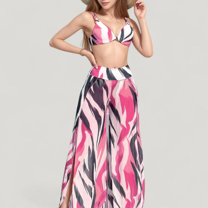Three-Piece Swimsuit Set with Bikini Top High Waist Bottom and Sheer Abstract Print Wide Leg Pants