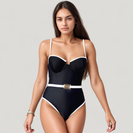 One-Piece Swimsuit with Contrast Trim Underwire Cups and Decorative Belt Detail