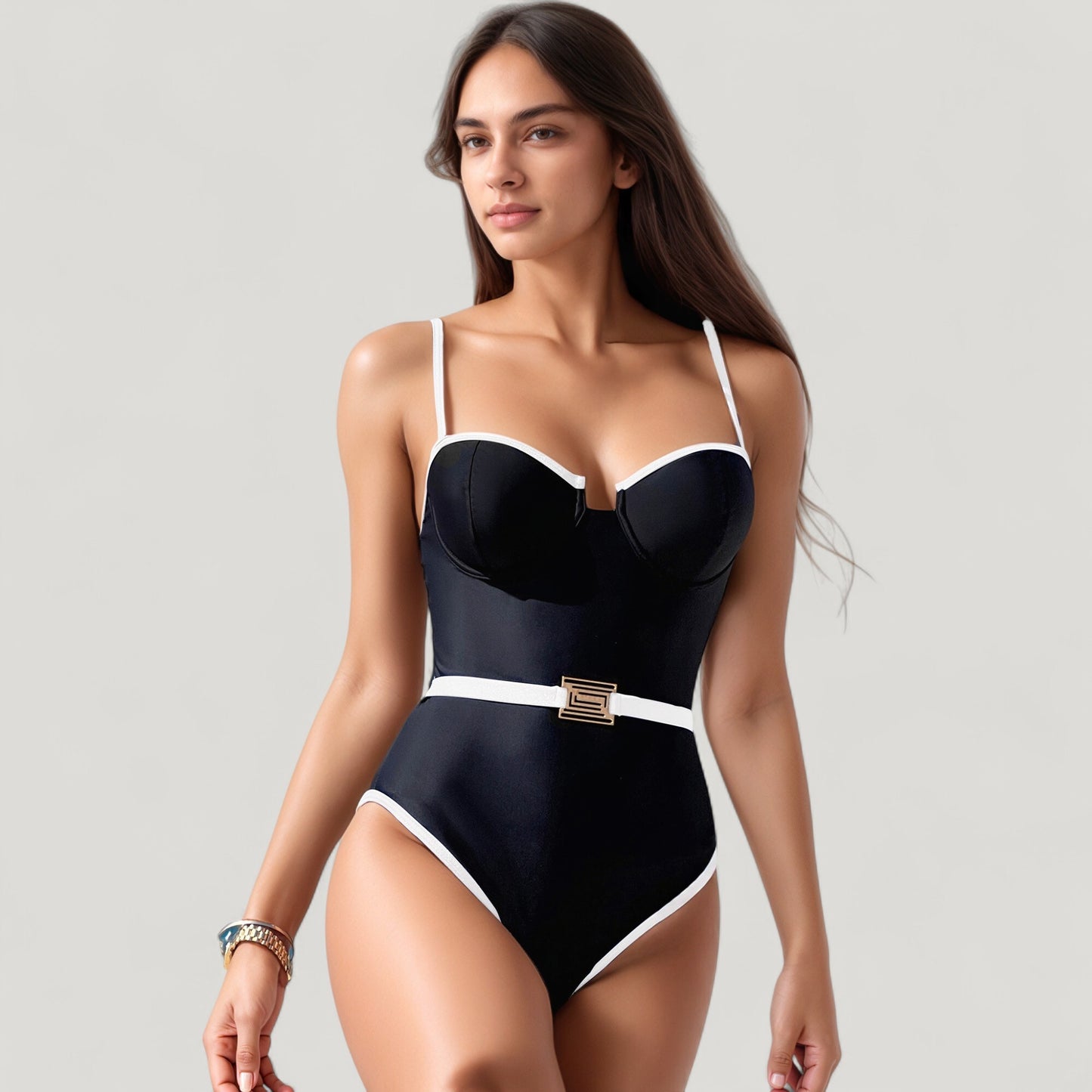 One-Piece Swimsuit with Contrast Trim Underwire Cups and Decorative Belt Detail