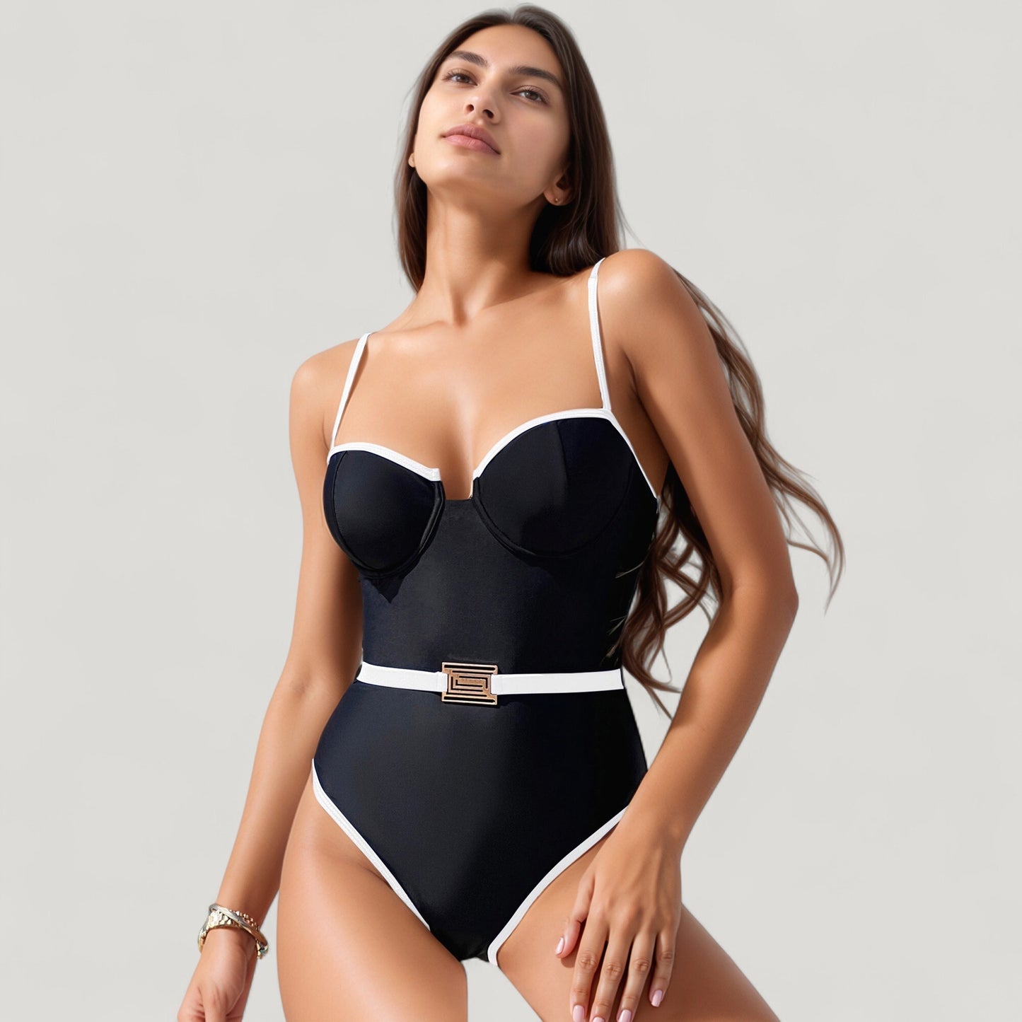 One-Piece Swimsuit with Contrast Trim Underwire Cups and Decorative Belt Detail