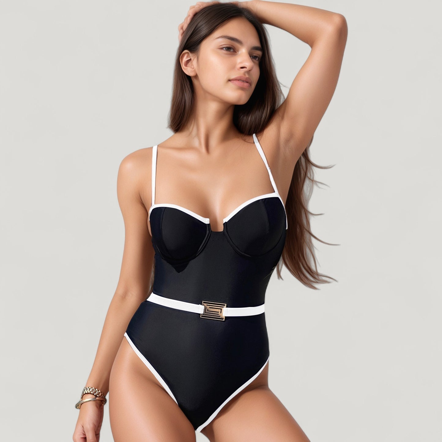 One-Piece Swimsuit with Contrast Trim Underwire Cups and Decorative Belt Detail