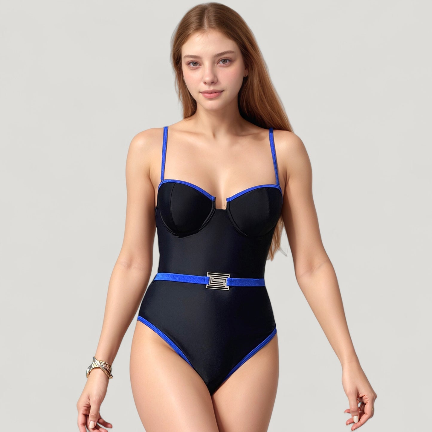 One-Piece Swimsuit with Contrast Trim Underwire Cups and Decorative Belt Detail