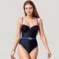 One-Piece Swimsuit with Contrast Trim Underwire Cups and Decorative Belt Detail