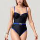 One-Piece Swimsuit with Contrast Trim Underwire Cups and Decorative Belt Detail