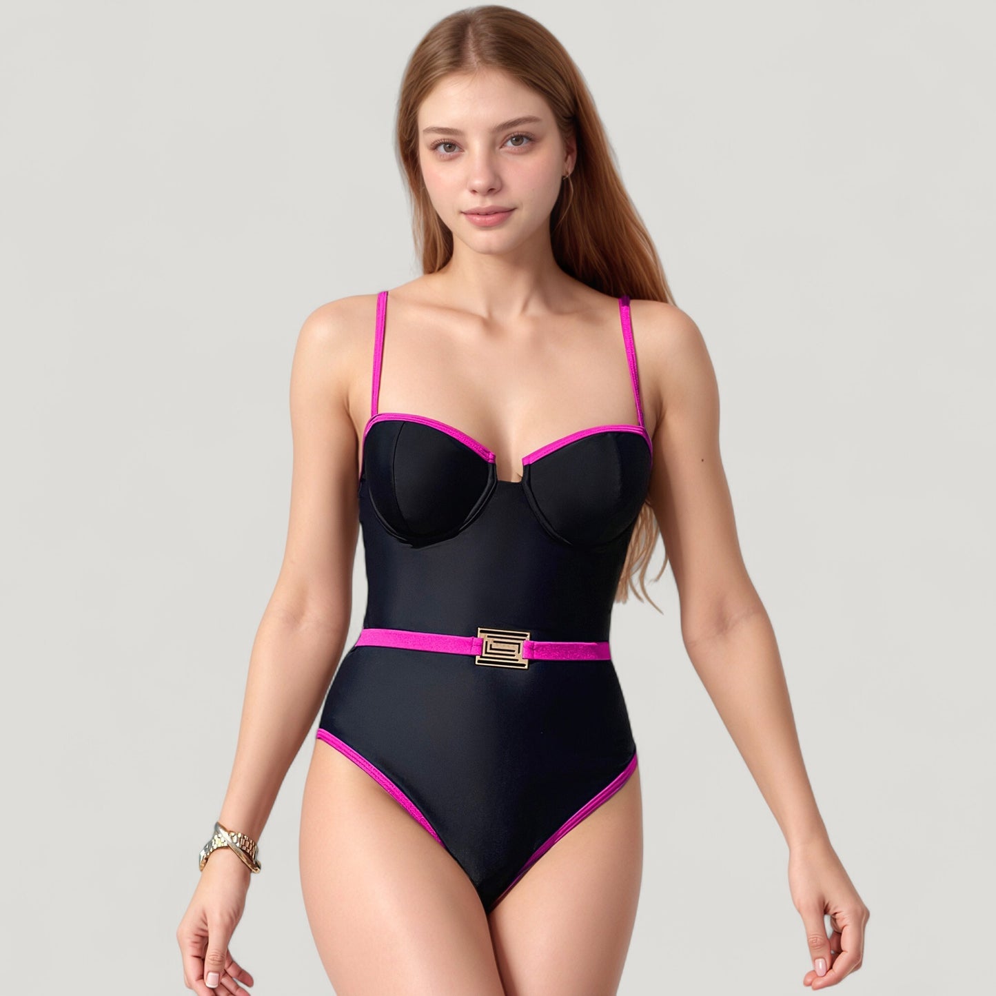 One-Piece Swimsuit with Contrast Trim Underwire Cups and Decorative Belt Detail
