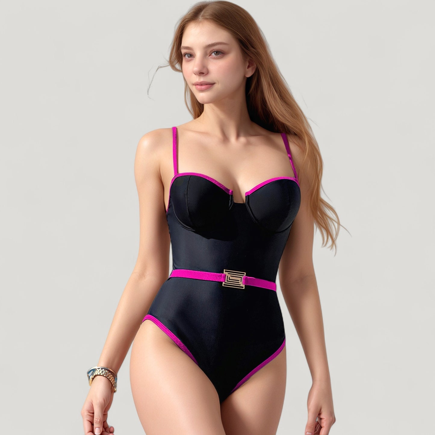 One-Piece Swimsuit with Contrast Trim Underwire Cups and Decorative Belt Detail