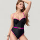 One-Piece Swimsuit with Contrast Trim Underwire Cups and Decorative Belt Detail