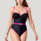 One-Piece Swimsuit with Contrast Trim Underwire Cups and Decorative Belt Detail