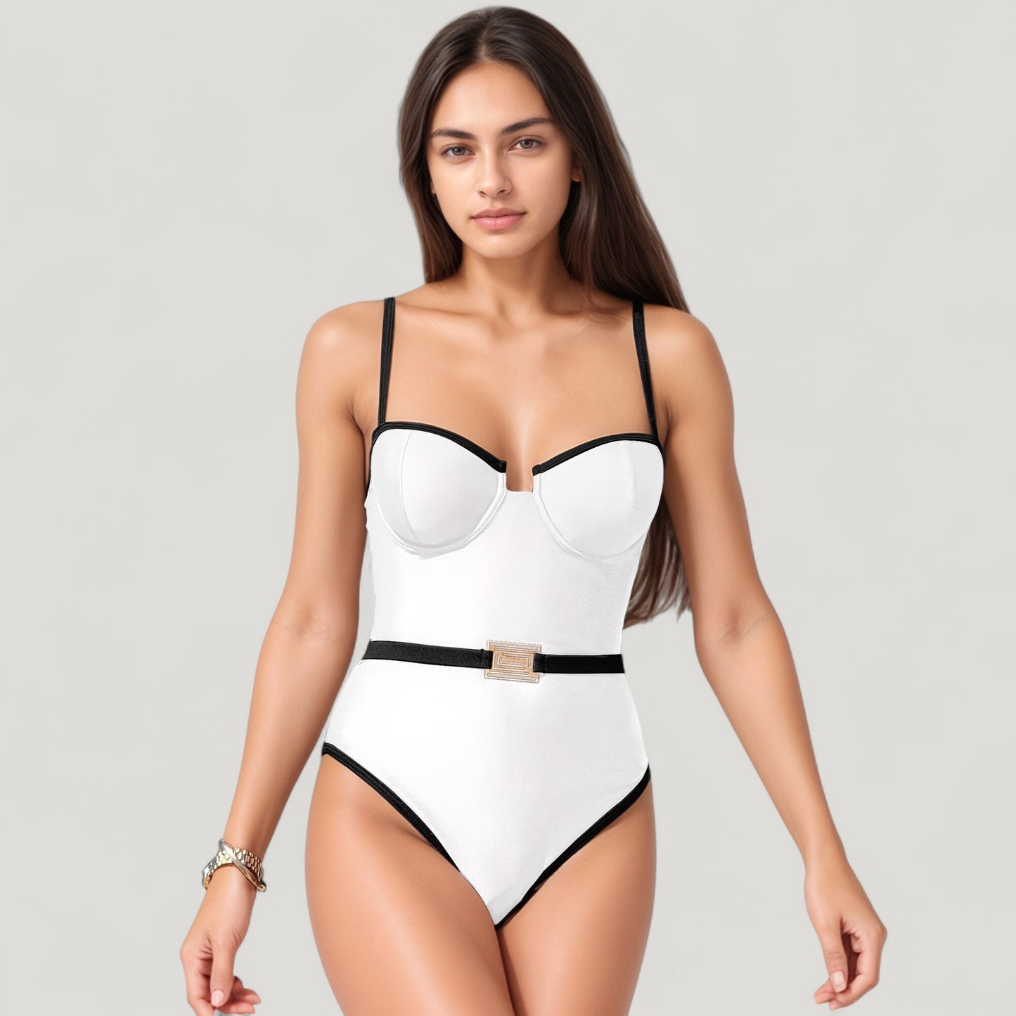 One-Piece Swimsuit with Contrast Trim Underwire Cups and Decorative Belt Detail