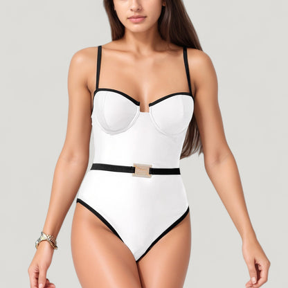 One-Piece Swimsuit with Contrast Trim Underwire Cups and Decorative Belt Detail