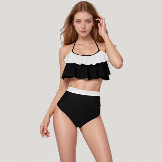 Ruffle Flounce Bikini Top and High Waist Bottom Two-Piece Swimsuit with Contrast Trim