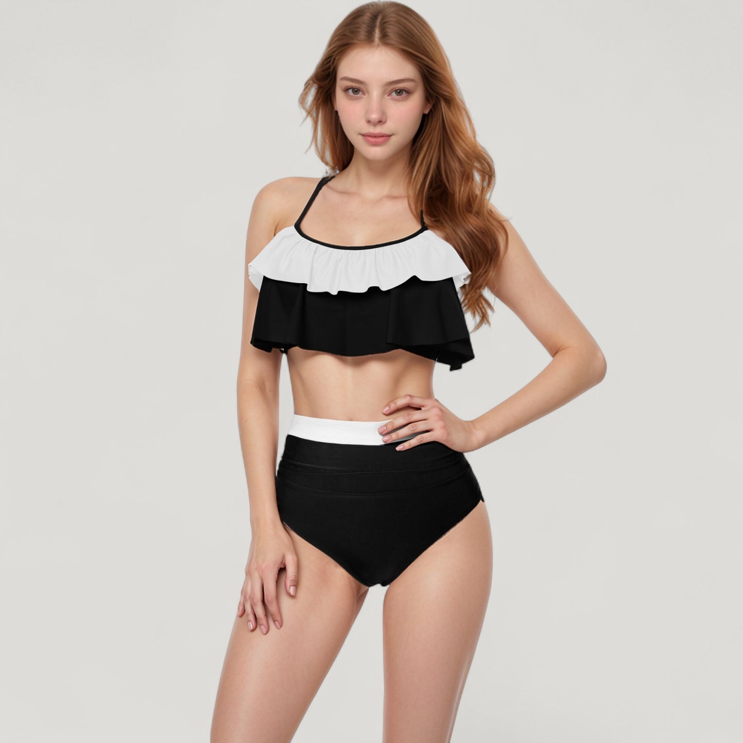 Ruffle Flounce Bikini Top and High Waist Bottom Two-Piece Swimsuit with Contrast Trim