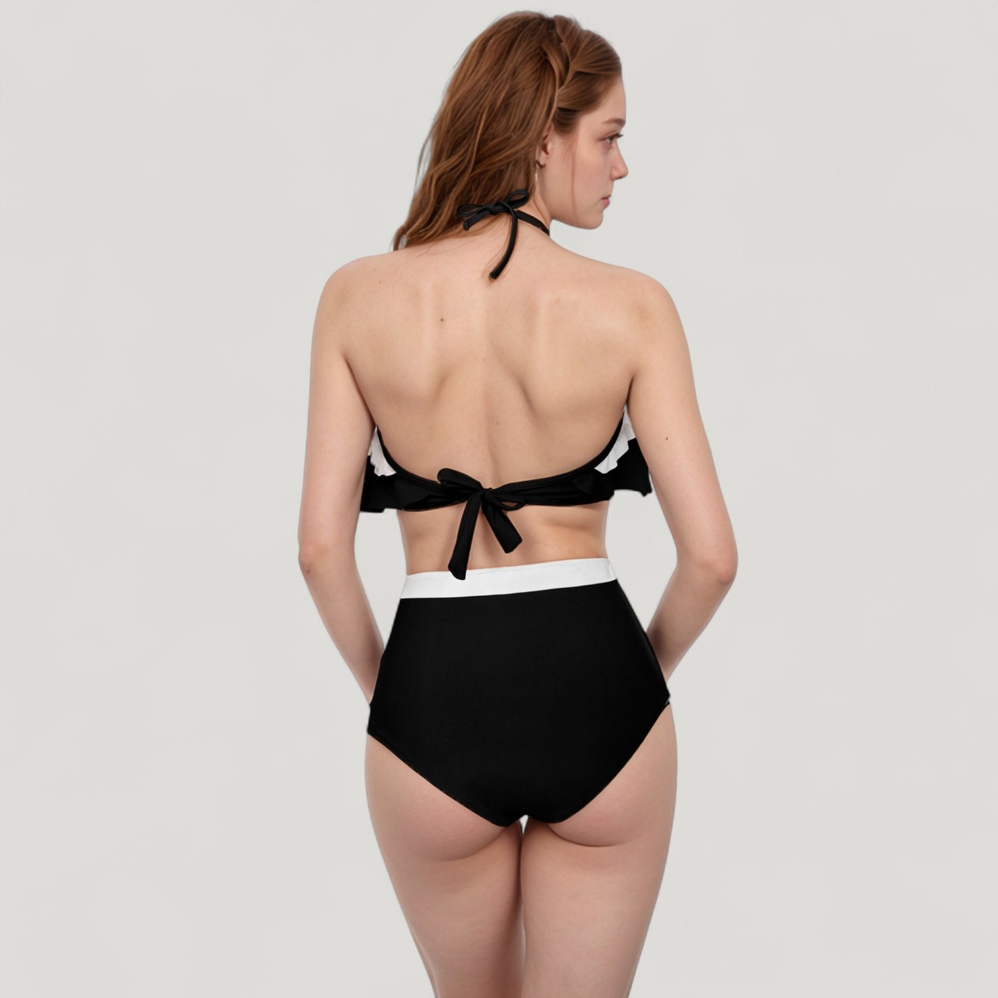 Ruffle Flounce Bikini Top and High Waist Bottom Two-Piece Swimsuit with Contrast Trim