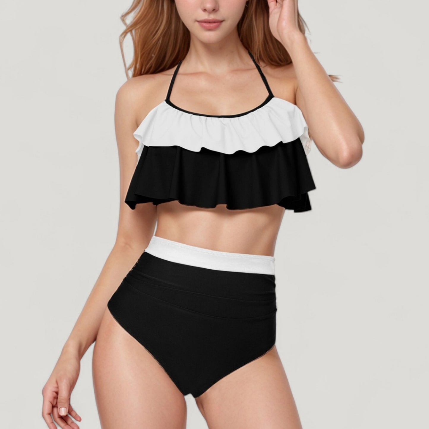 Ruffle Flounce Bikini Top and High Waist Bottom Two-Piece Swimsuit with Contrast Trim