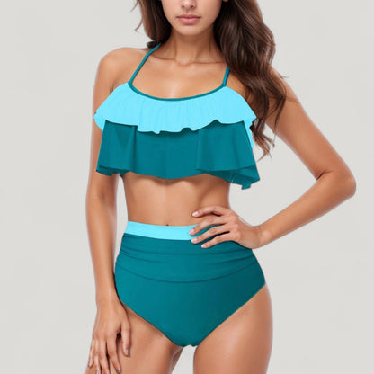 Ruffle Flounce Bikini Top and High Waist Bottom Two-Piece Swimsuit with Contrast Trim