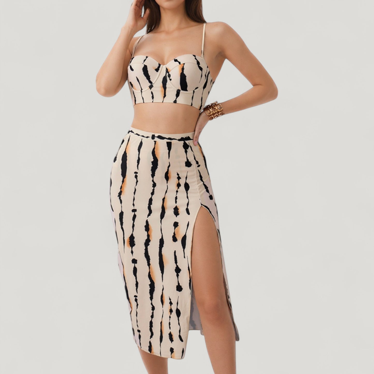 Three-Piece Swimsuit Set with Printed Underwire Bikini Top High Waist Bottom and Matching Side Slit Skirt Cover-Up