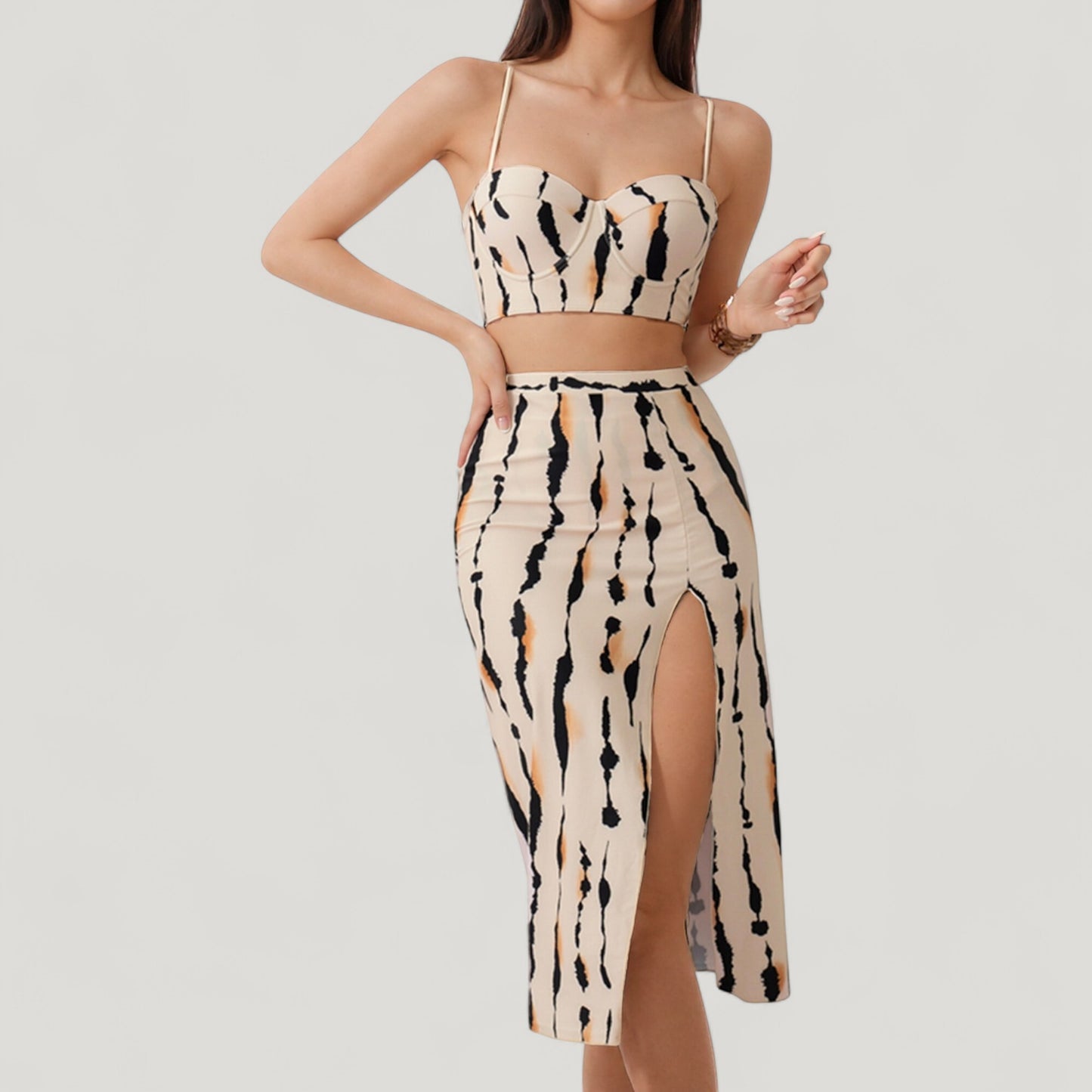 Three-Piece Swimsuit Set with Printed Underwire Bikini Top High Waist Bottom and Matching Side Slit Skirt Cover-Up