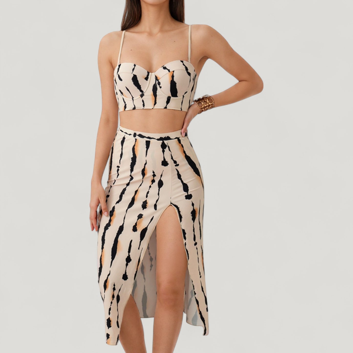 Three-Piece Swimsuit Set with Printed Underwire Bikini Top High Waist Bottom and Matching Side Slit Skirt Cover-Up