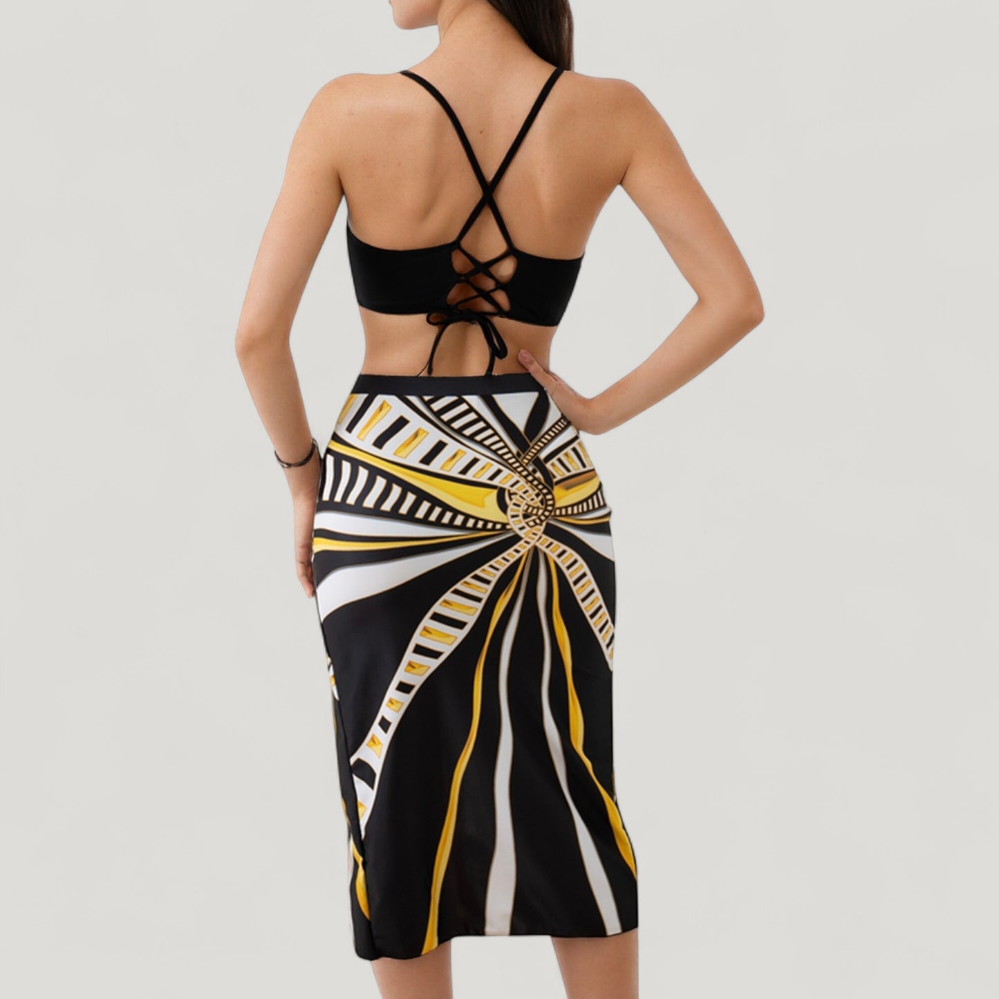 Three-Piece Swimsuit Set with Printed Underwire Bikini Top High Waist Bottom and Matching Side Slit Skirt Cover-Up