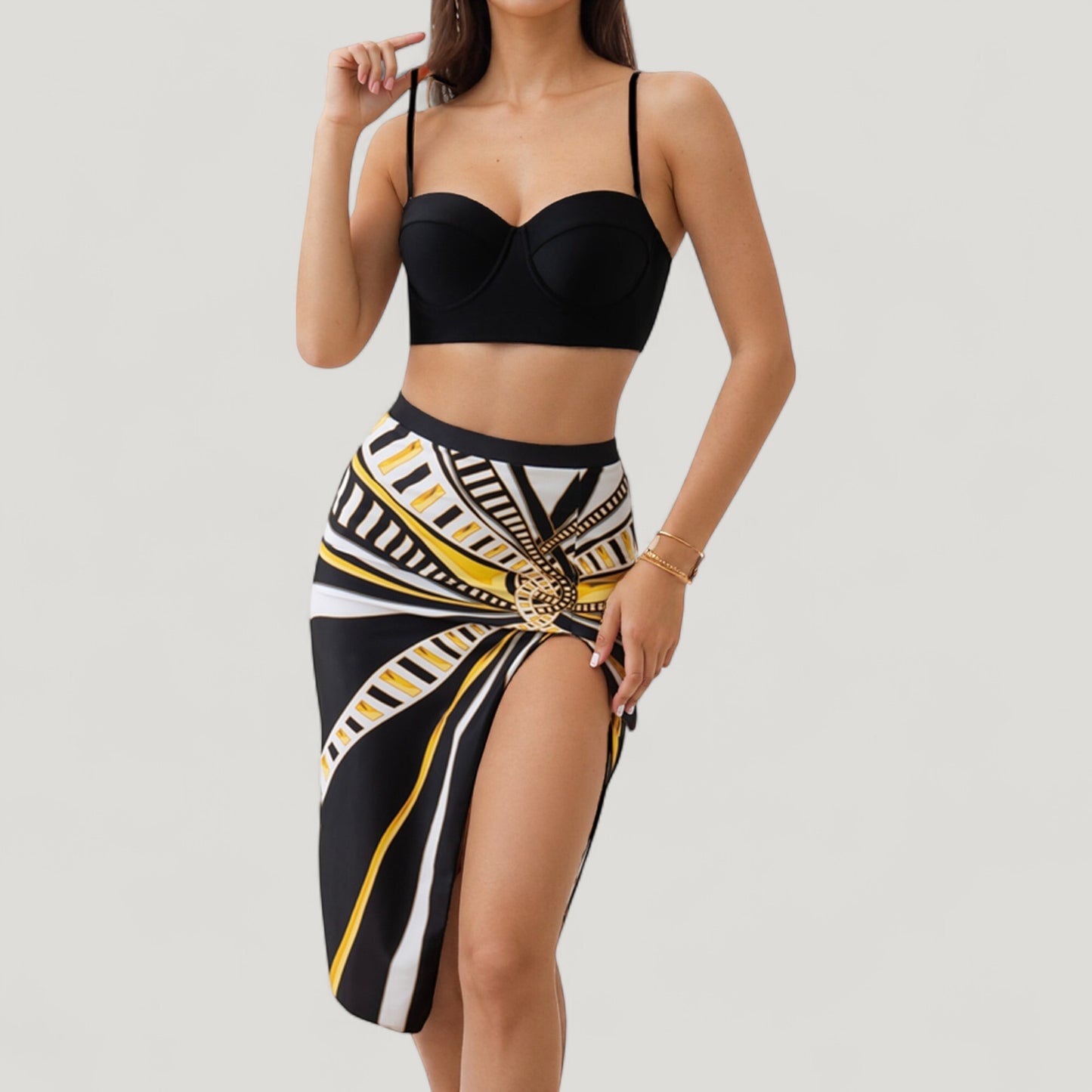 Three-Piece Swimsuit Set with Printed Underwire Bikini Top High Waist Bottom and Matching Side Slit Skirt Cover-Up