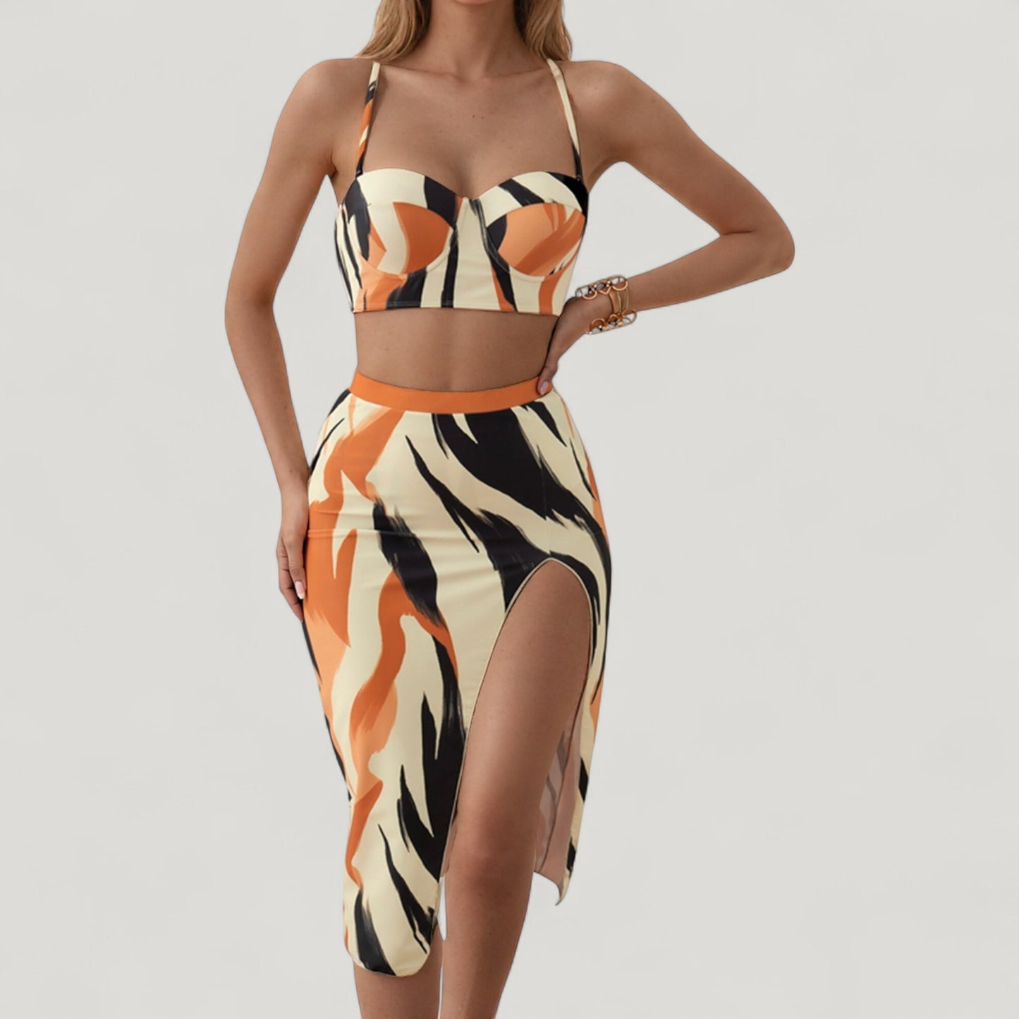 Three-Piece Swimsuit Set with Printed Underwire Bikini Top High Waist Bottom and Matching Side Slit Skirt Cover-Up
