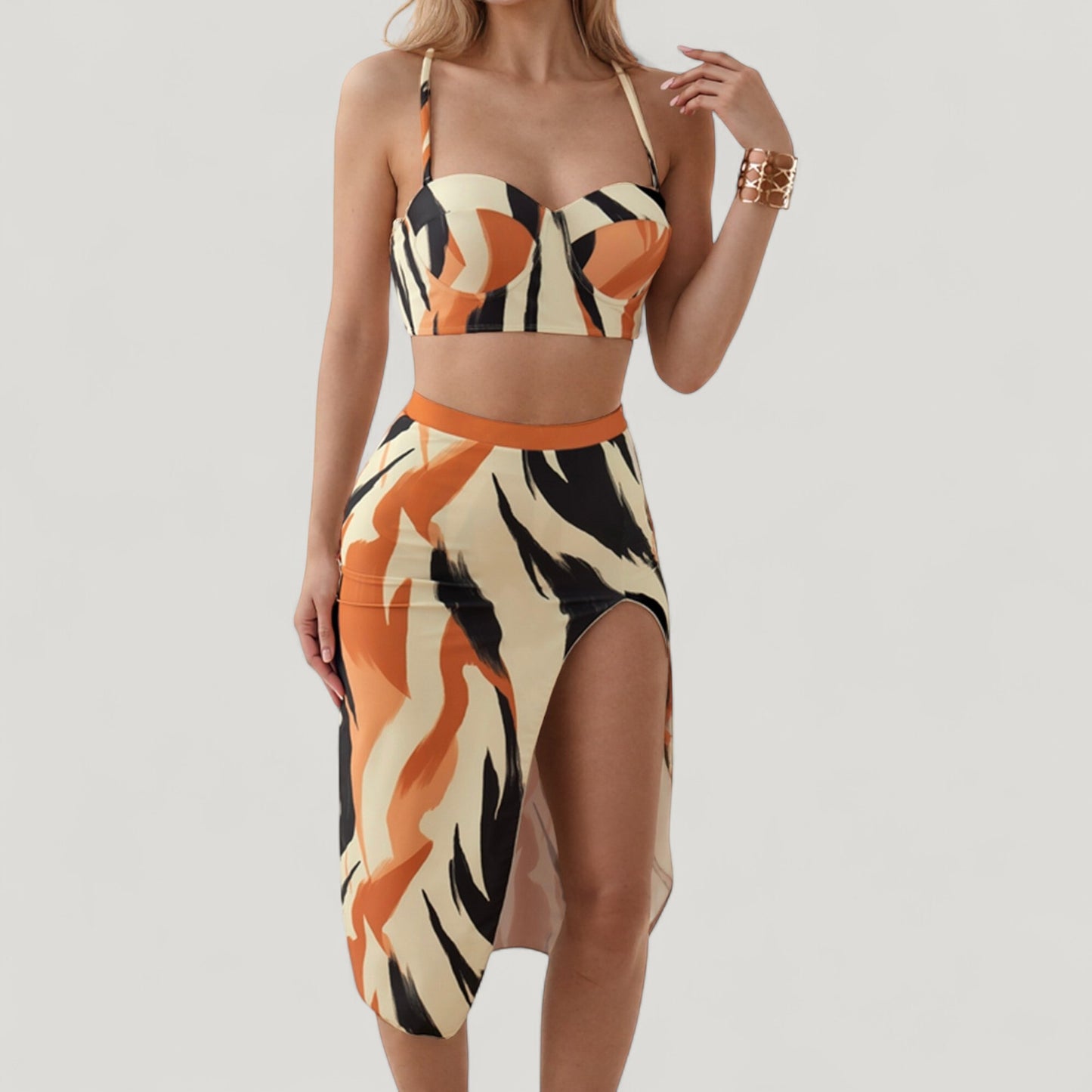 Three-Piece Swimsuit Set with Printed Underwire Bikini Top High Waist Bottom and Matching Side Slit Skirt Cover-Up