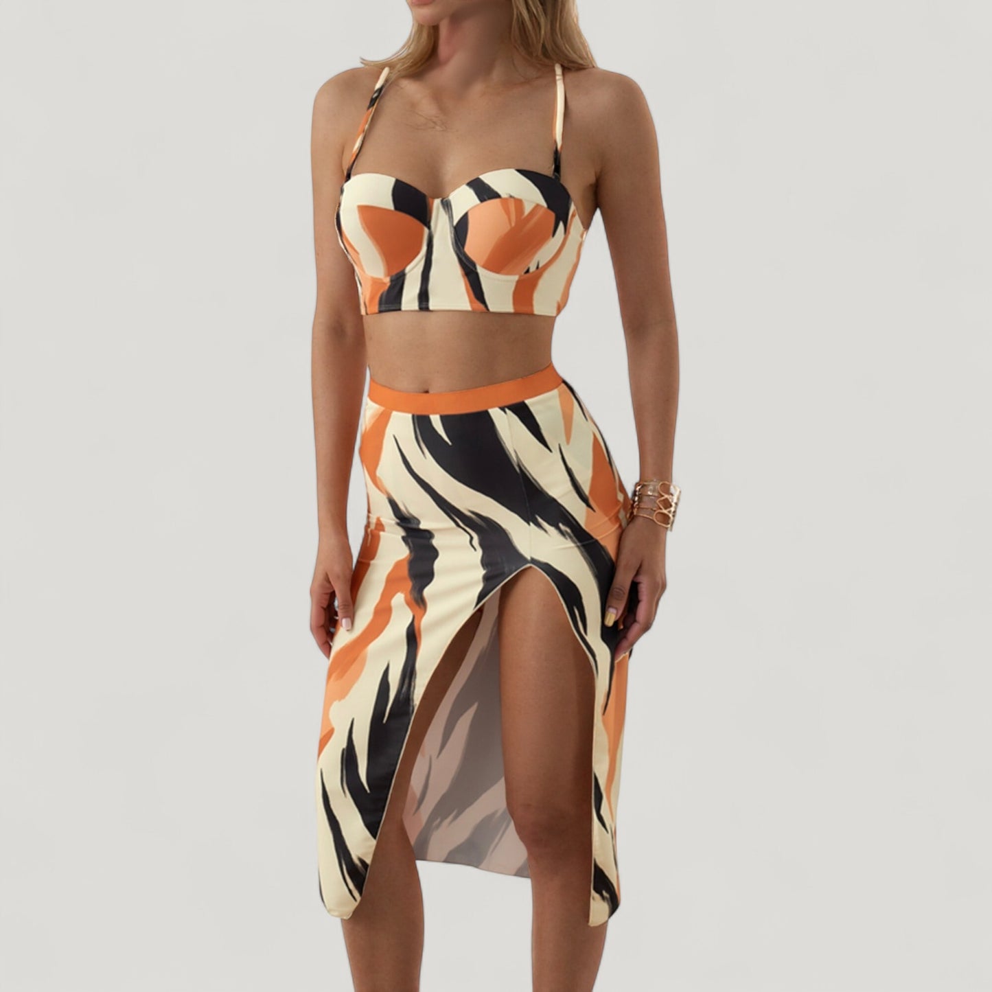 Three-Piece Swimsuit Set with Printed Underwire Bikini Top High Waist Bottom and Matching Side Slit Skirt Cover-Up