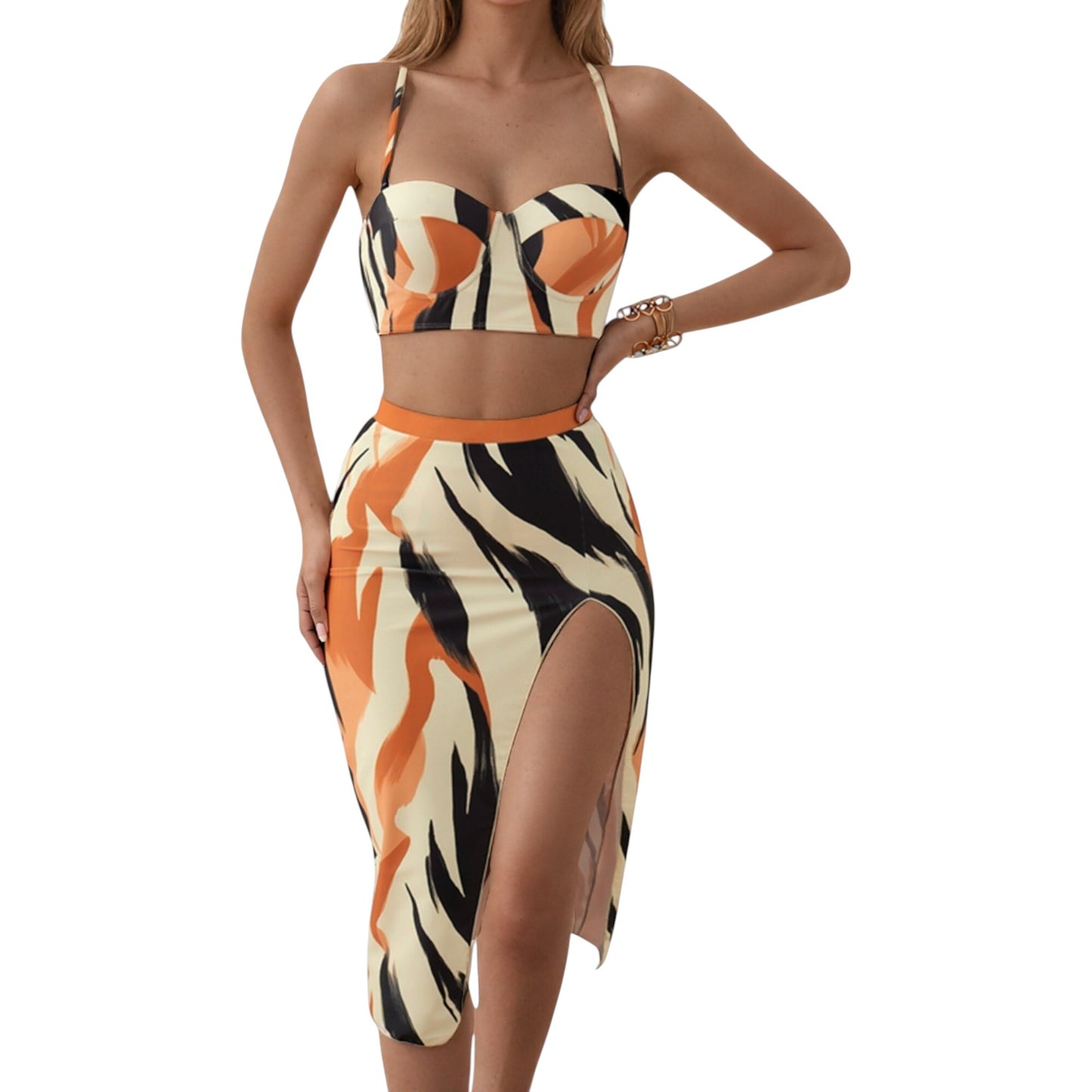Three-Piece Swimsuit Set with Printed Underwire Bikini Top High Waist Bottom and Matching Side Slit Skirt Cover-Up
