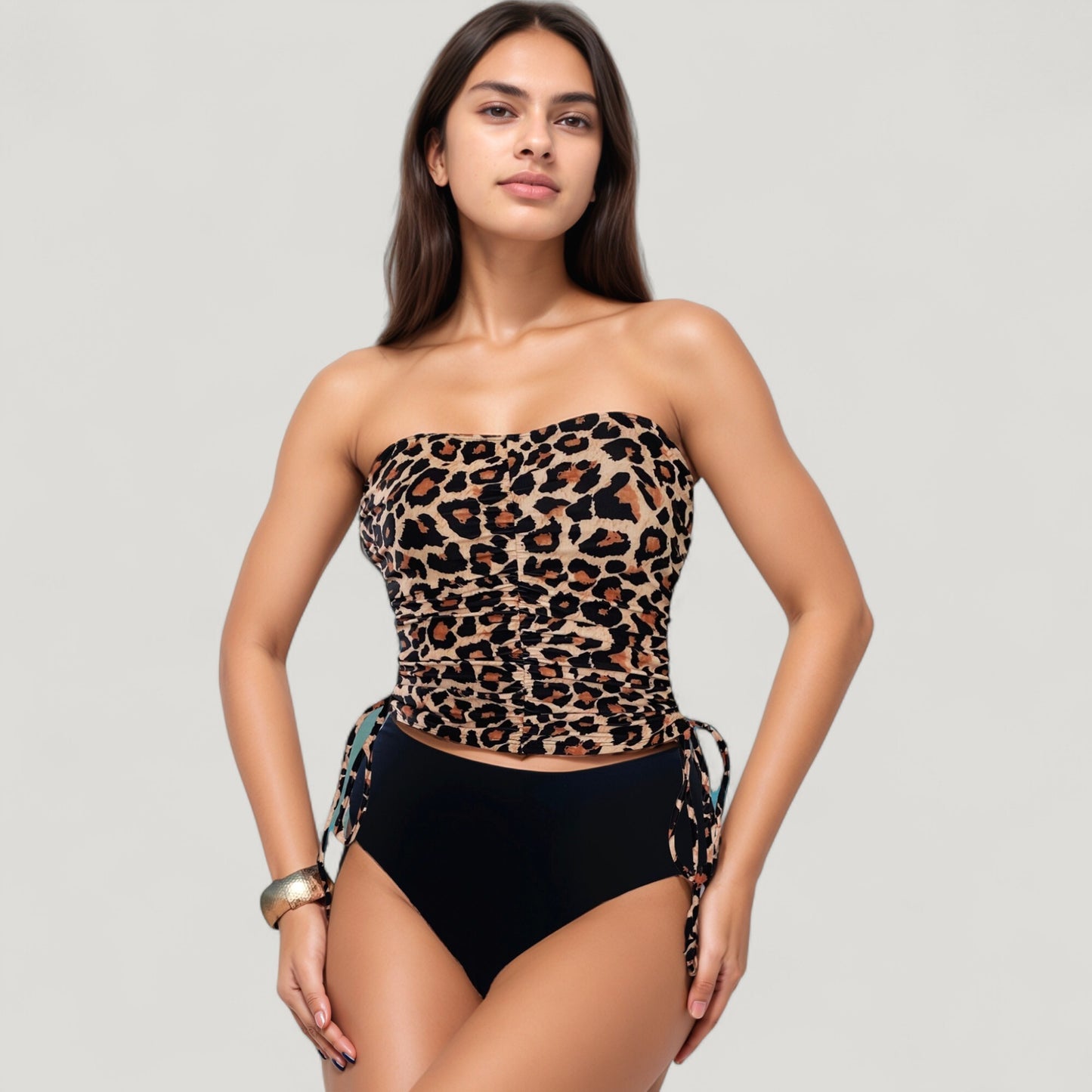 Strapless Leopard Print Ruched Tankini Top and High Waist Bikini Bottom Two-Piece Swimsuit