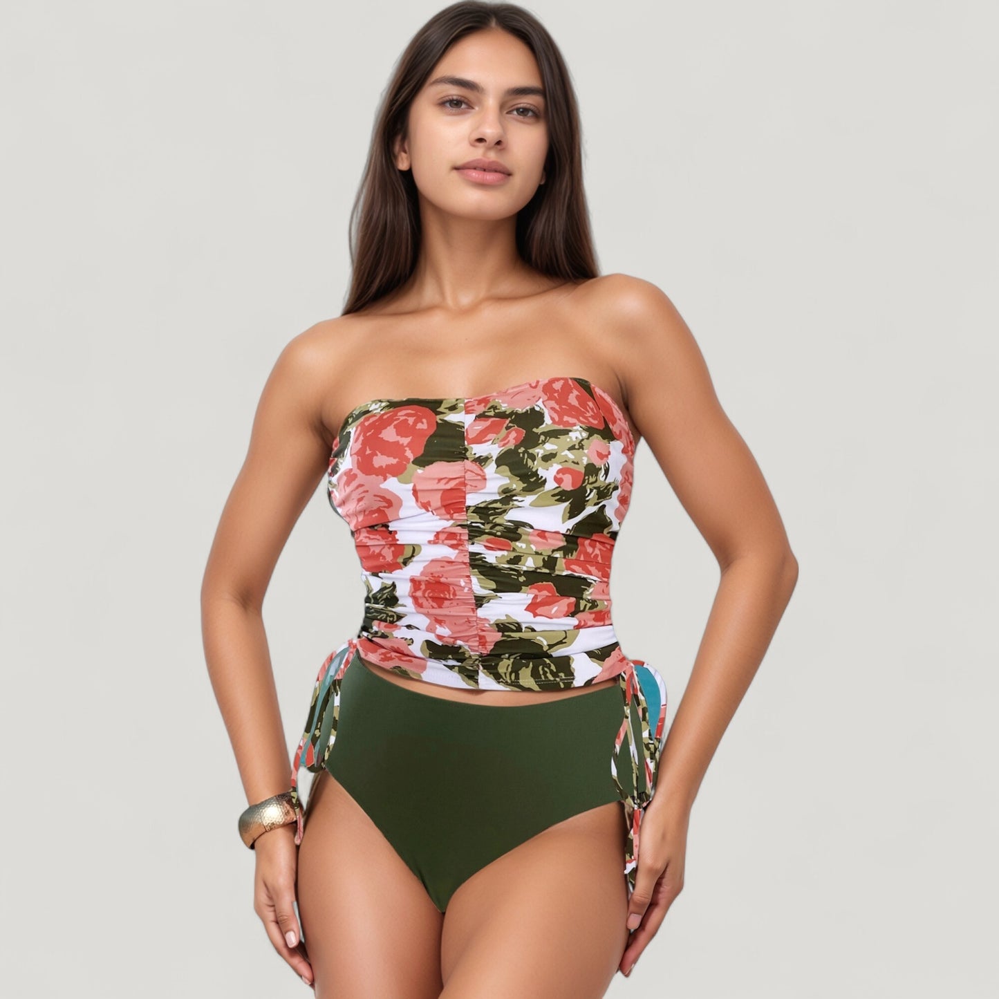 Strapless Leopard Print Ruched Tankini Top and High Waist Bikini Bottom Two-Piece Swimsuit