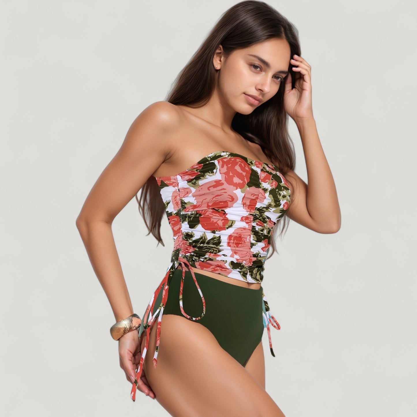 Strapless Leopard Print Ruched Tankini Top and High Waist Bikini Bottom Two-Piece Swimsuit