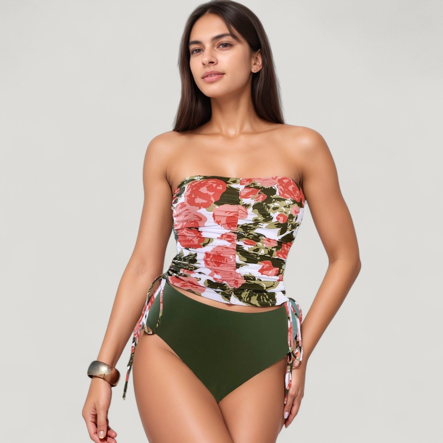 Strapless Leopard Print Ruched Tankini Top and High Waist Bikini Bottom Two-Piece Swimsuit