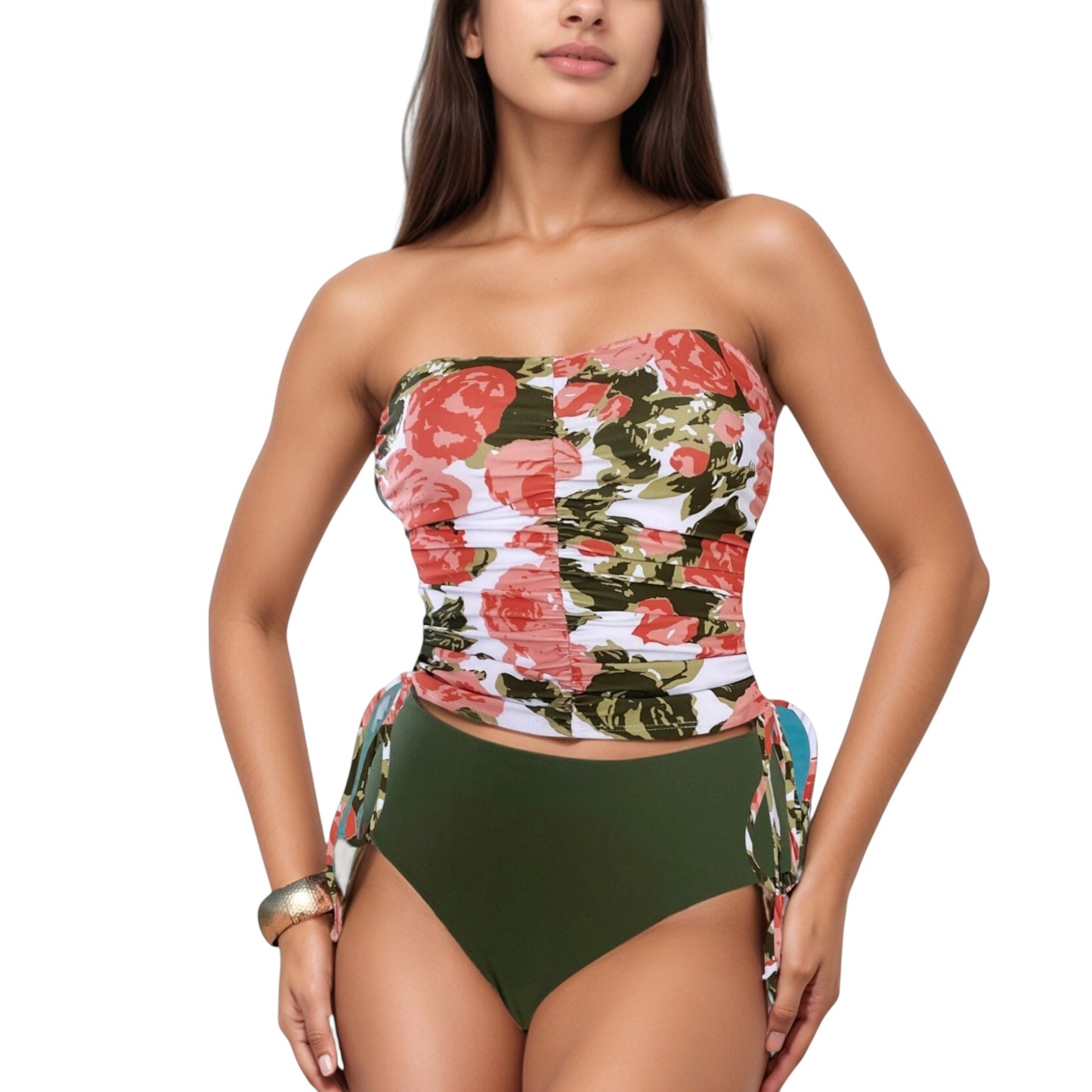 Strapless Leopard Print Ruched Tankini Top and High Waist Bikini Bottom Two-Piece Swimsuit