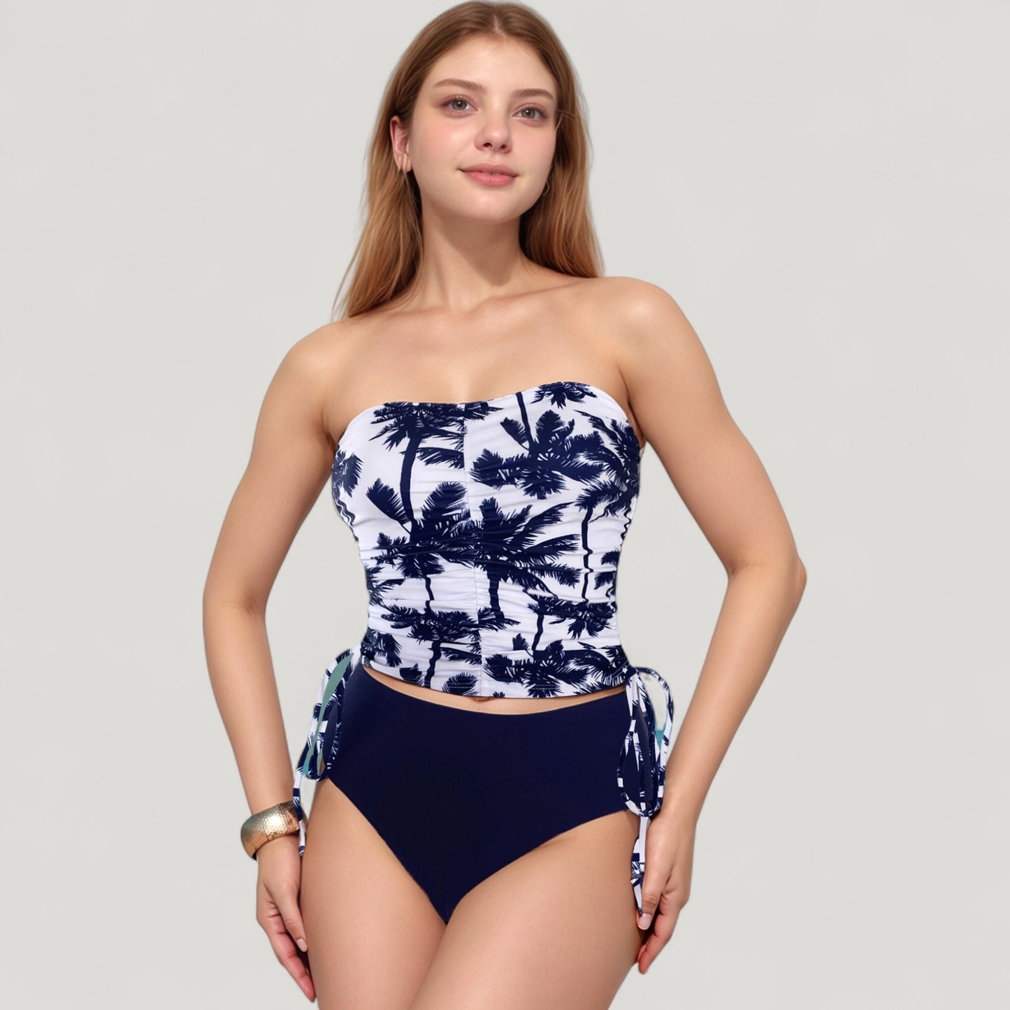 Strapless Leopard Print Ruched Tankini Top and High Waist Bikini Bottom Two-Piece Swimsuit
