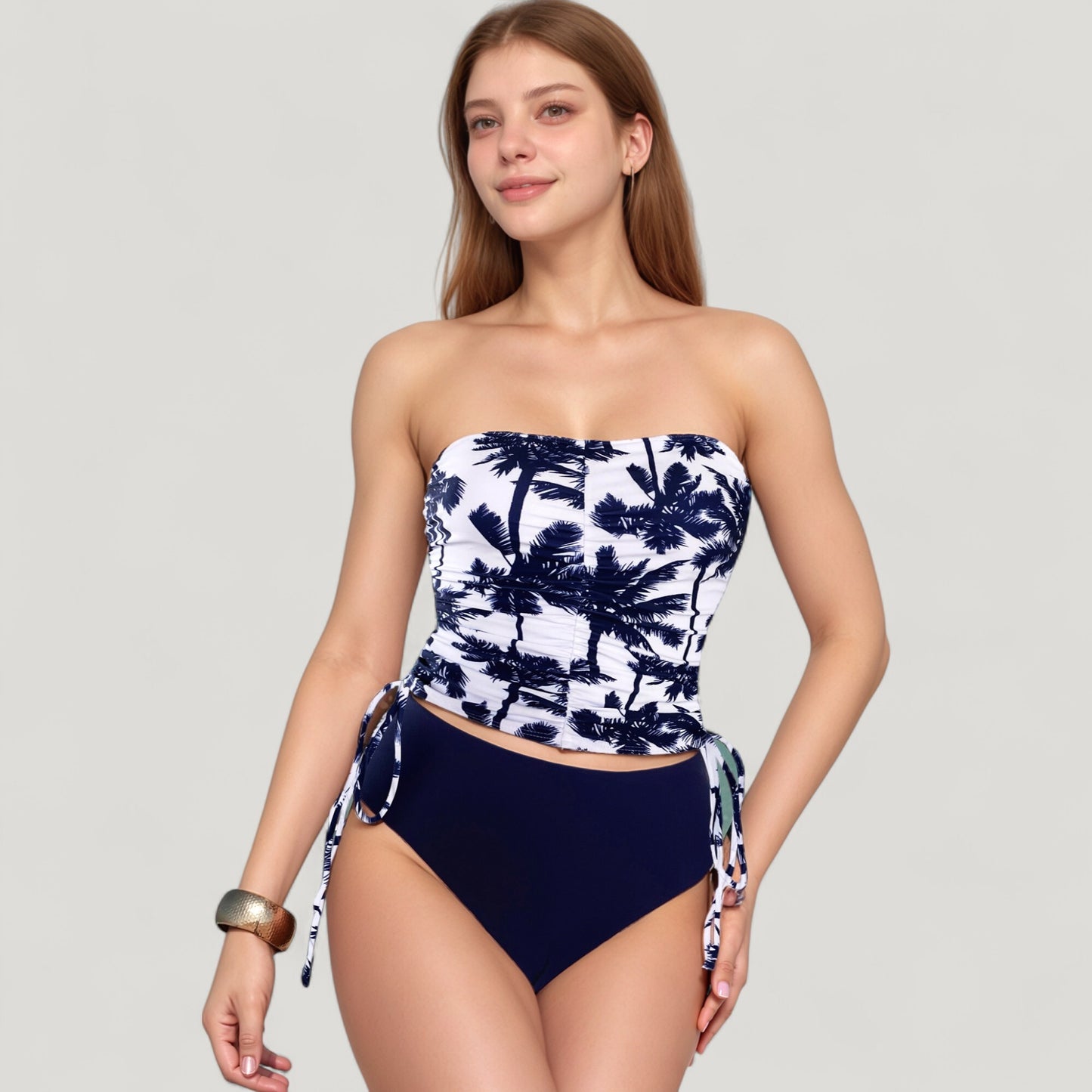 Strapless Leopard Print Ruched Tankini Top and High Waist Bikini Bottom Two-Piece Swimsuit