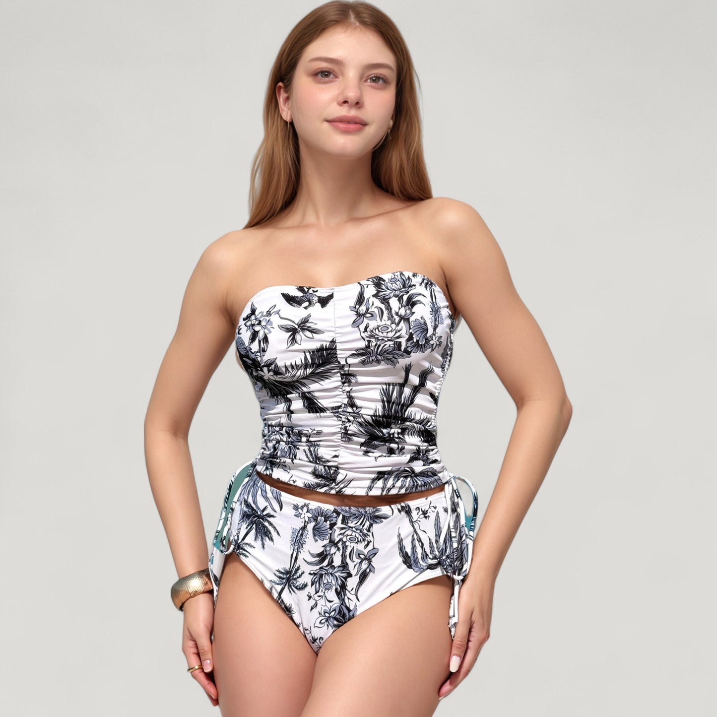 Strapless Leopard Print Ruched Tankini Top and High Waist Bikini Bottom Two-Piece Swimsuit