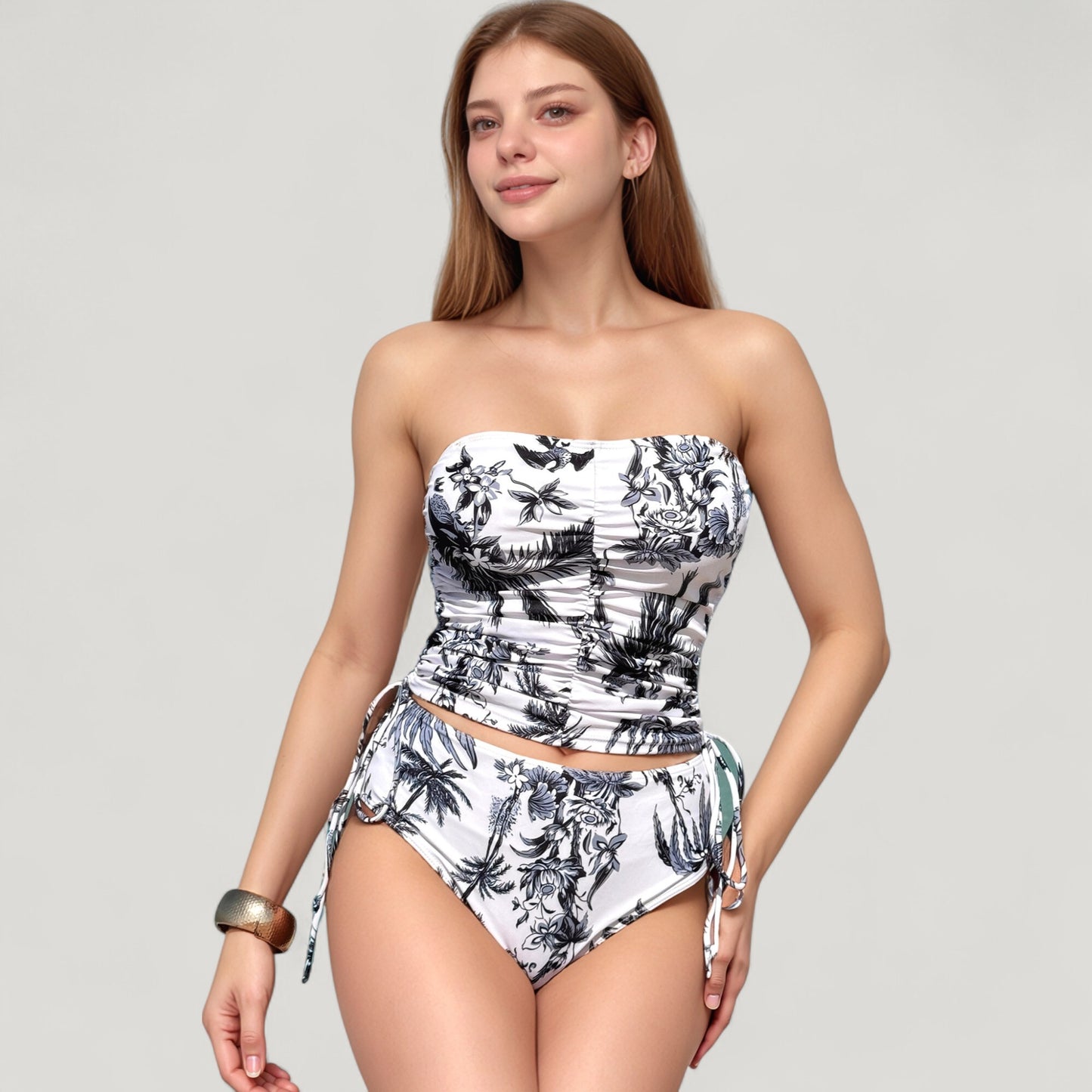 Strapless Leopard Print Ruched Tankini Top and High Waist Bikini Bottom Two-Piece Swimsuit