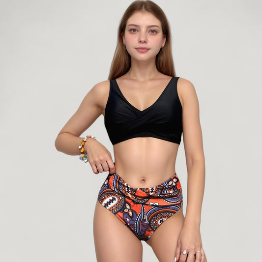 Wrap Front Bikini Top and High Waist Printed Bottom Two-Piece Swimsuit with Paisley Pattern Design