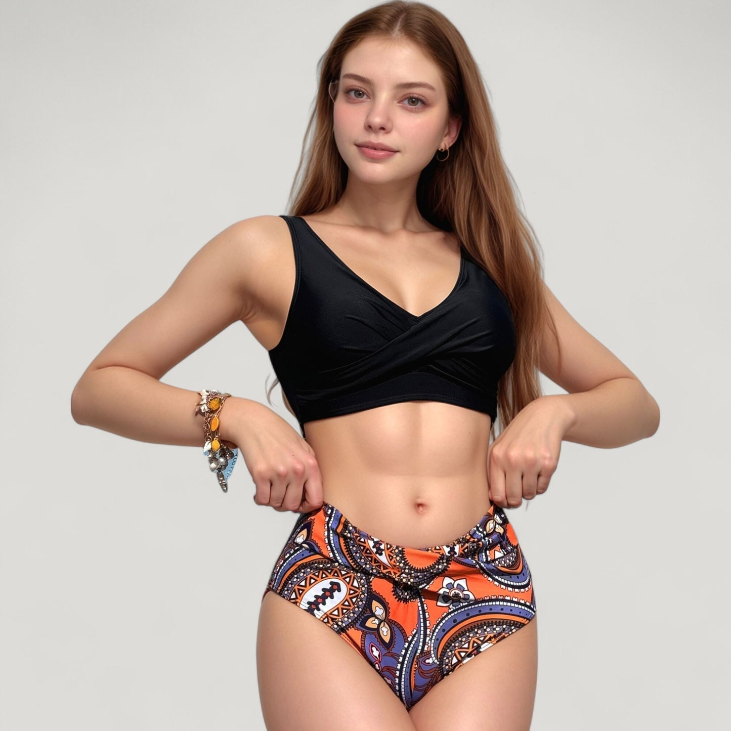 Wrap Front Bikini Top and High Waist Printed Bottom Two-Piece Swimsuit with Paisley Pattern Design